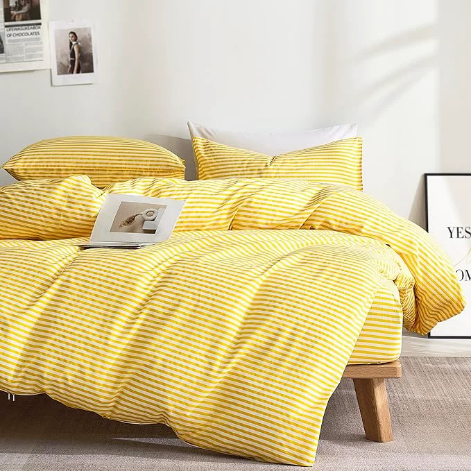 Organic JELLYMONI Natural Cotton 2pcs Striped Duvet Cover Sets Yellow with White Stripes Pattern Printed Comforter Cover with Zipper Closure amp Corner Ties Twin Size Practical