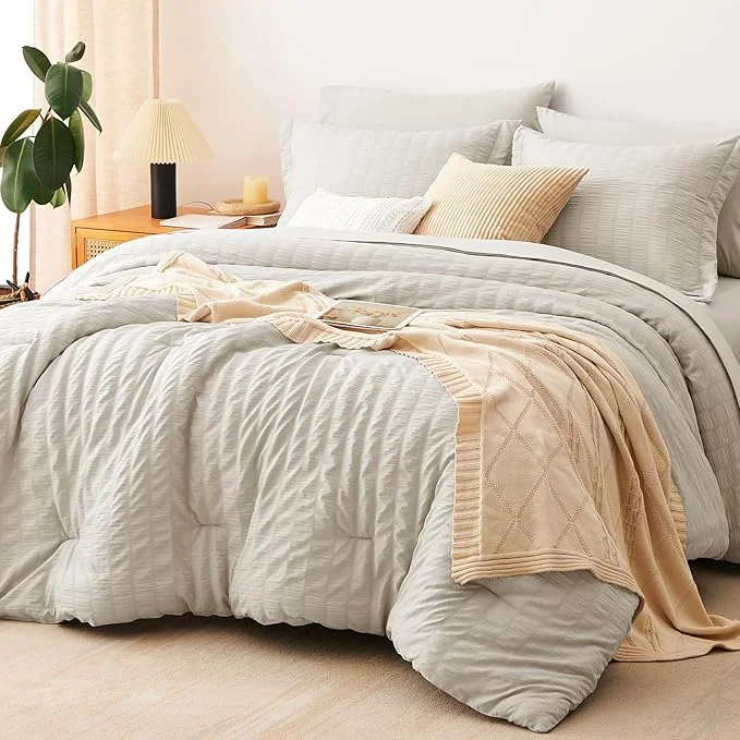 Elite CozyLux Oversized King Comforter Set Beige Seersucker 7 Pieces 120×98 Bed in a Bag Comforter Set with Sheets Luxury Soft Bedding Sets with Down Comforter Sheets Pillowcases amp Shams Modern