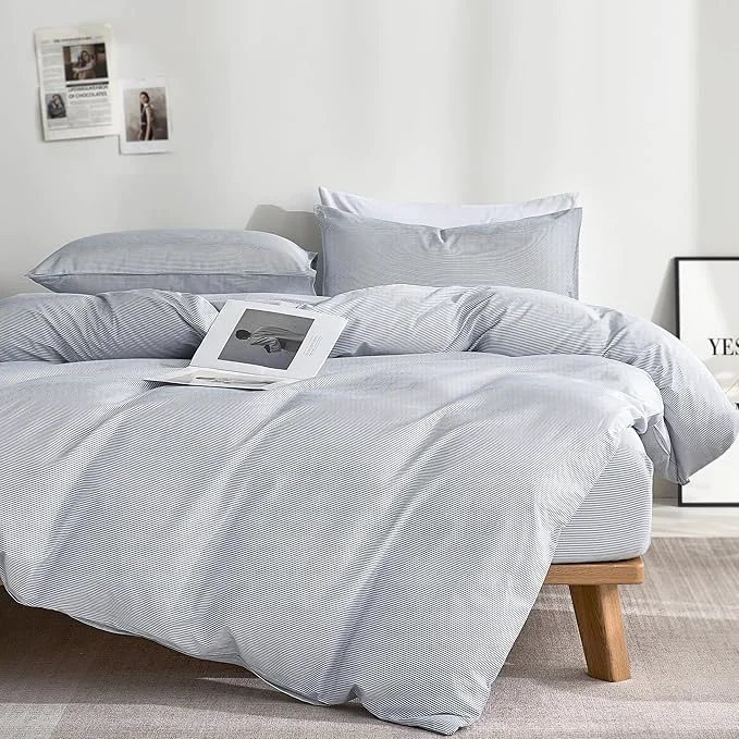 Certified JELLYMONI Natural Cotton 3pcs Striped Duvet Cover Sets Blue Duvet Cover with Thin White Stripes Pattern Printed Comforter Cover with Zipper Closure amp Corner Ties Queen Size Relaxed