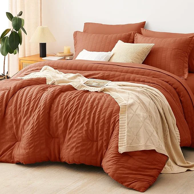 Lightweight CozyLux Full Size Comforter Sets with Sheets 7 Pieces Burnt Orange Seersucker Bed in a Bag Textured Luxury Soft Bedding Sets with Down Comforter Sheets Pillowcases amp Shams Terracotta Fast