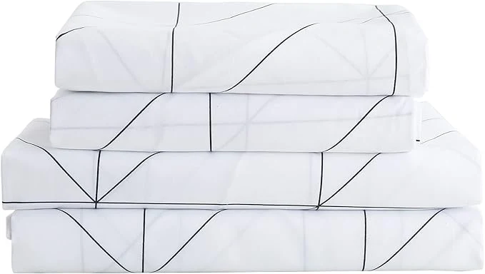 Long-Lasting Season Bed Sheet Set 3 Pieces -Twin Size-Soft Durable Microfiber Bedding Sheet Set Deep Pocket Stain Fade amp Wrinkle Resistant Geometric White Unique