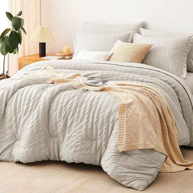 Quality CozyLux Queen Comforter Set Beige Seersucker 7 Pieces Bed in a Bag Queen Comforter Set with Sheets Luxury Soft Bedding Set with Down Comforter Sheets Pillowcases amp Shams for All Seasons Secure