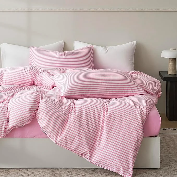 Superior JELLYMONI Full Duvet Cover Set Cotton Duvet Cover 2 Pieces with Zipper Closure 1 Duvet Cover and 2 Pillowcases Pink with White Striped Contemporary