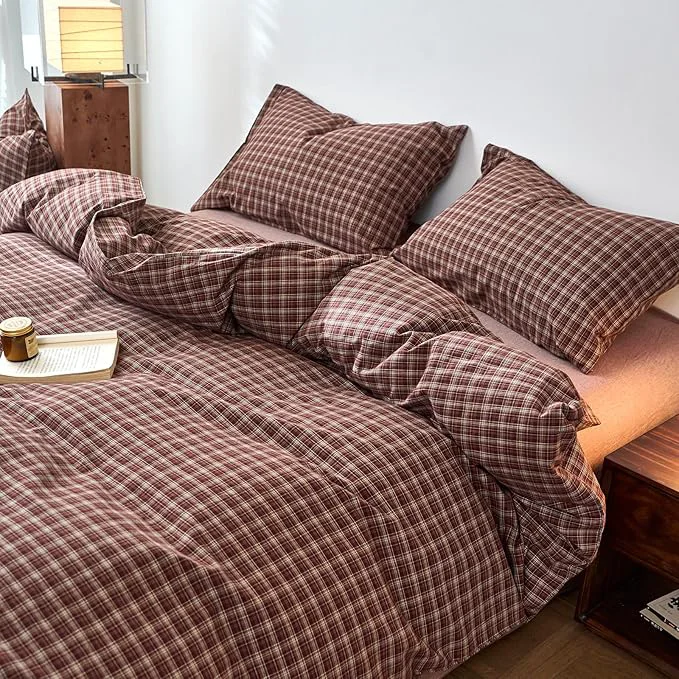 Effective Plaid Duvet Covers Queen Red Brown Washed Cotton Comforters Cover Queen Size Vintage Pattern Farmhouse Zipper Duvet Cover Set with 2 Pillow Cases Boho Cute Bedding Set Checkered Duvet Protector Optimized
