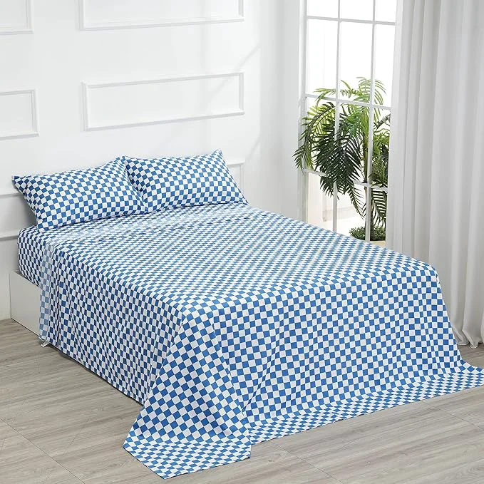 Original Design Season Bed Sheet Set 4 Piece -Full Size-Soft Durable Microfiber Bedding Sheet Set Deep Pocket Stain Fade amp Wrinkle Resistant Blue and White Checkerboard Grid Plaid Blue amp White Authentic