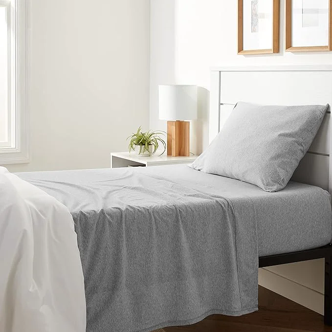 Advanced Amazon Basics Breathable Stretchy Cotton Jersey Knit 3 Piece Bed Sheet Set with Deep Pockets Flat and Fitted Sheets Pillowcase Machine Washable Twin Light Gray Solid Recyclable