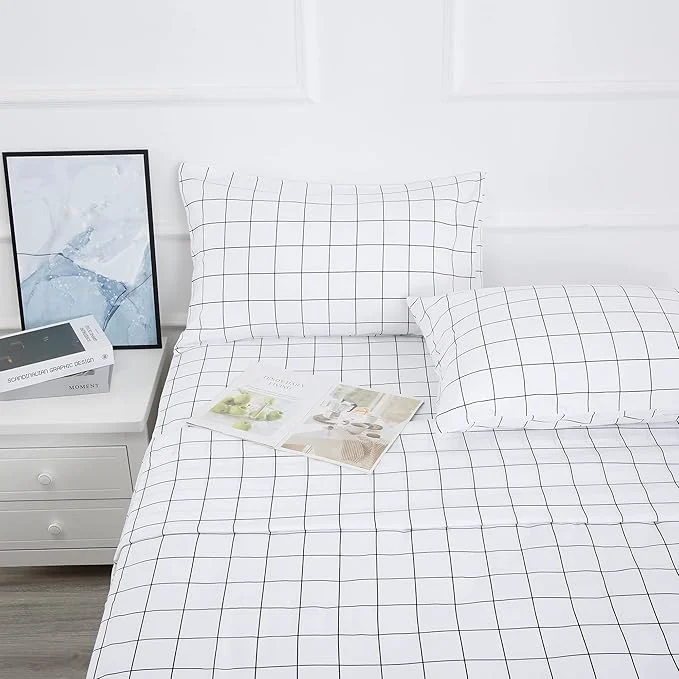 Green Season Printed Plaid Bed Sheet Set 4 Piece- Full Size- Breathable- Super Soft Deep Pocket Stain Fade amp Wrinkle Resistant Breathable Bedding Sheets Black Grid