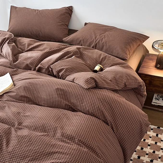 Secure Gingham Duvet Covers Twin Brown Washed Cotton Comforter Cover Twin Plaid Checkered Boho Zipper Duvet Cover Set with Corner Ties Farmhouse Dorm Bedding Set Caramel Duvet Protector Quality