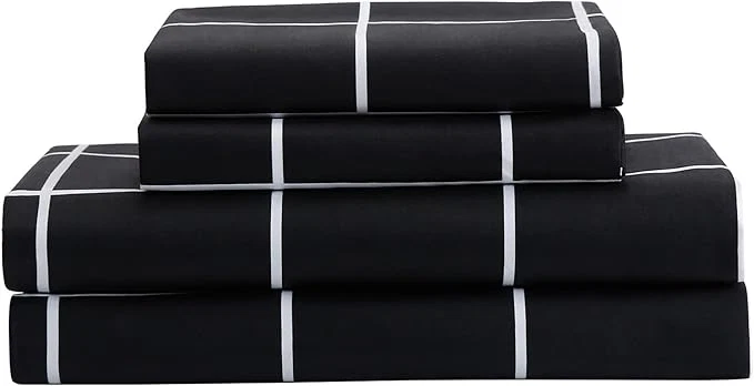 Luxury Season Bed Sheet Set 3 Pieces -Twin Size-Soft Durable Microfiber Bedding Sheet Set Deep Pocket Stain Fade amp Wrinkle Resistant Plaid Black Modern