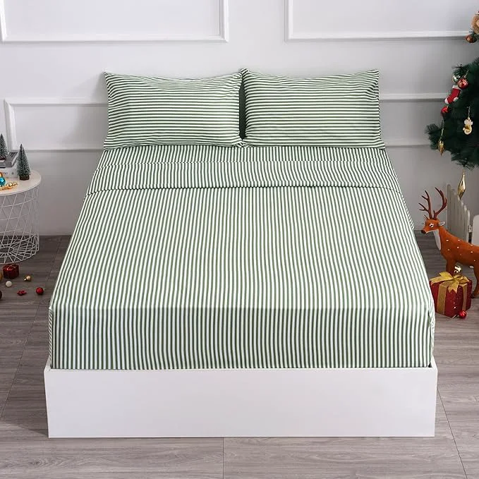 High-Performance Season Queen Size Sheet Set 4 Piece -Pinstripe Microfiber Soft Durable Bedding Sheet Set Deep Pocket Stain Fade amp Wrinkle Resistant Stripe Grass Green Reliable