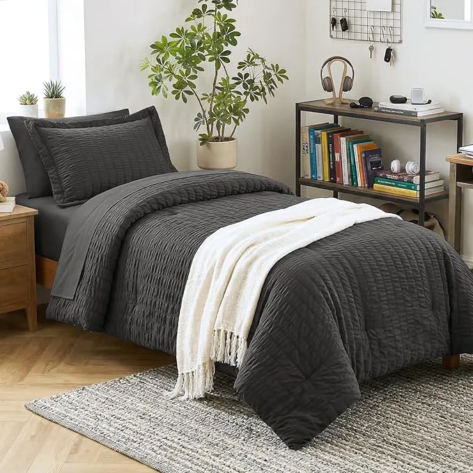 Smart CozyLux Twin XL Comforter Set with Sheets Seersucker Dark Grey 5 Pieces Bed in a Bag Dark Gray Twin Extra Long Bedding Sets for College Dorm with Down Comforter Sheets Pillowcase amp Sham Excellent