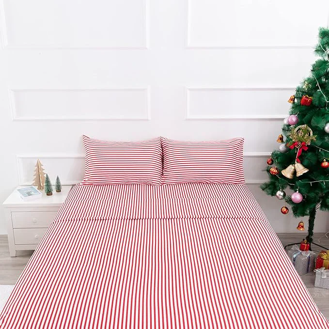 Original Season Ticking Stripe Sheet Set 4 Piece Queen Size Microfiber Bedding Burgundy Red and White Pinstripe Patterned Deep Pocket Trusted
