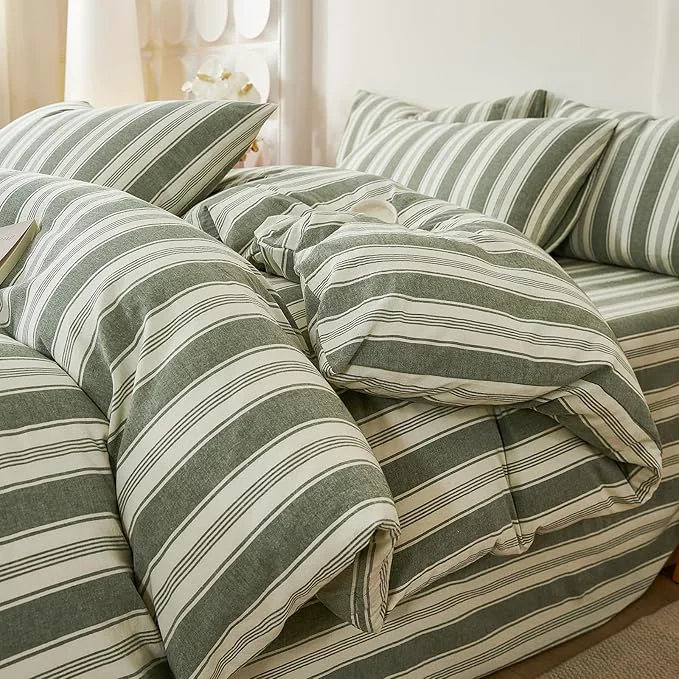 Authentic Green Striped Full Size Duvet Cover Washed Cotton Boho Comforter Cover Full Size Farmhouse Soft Pinstripe Patterned Duvet Cover Set with Zipper Vertical Stripe Bedding Teen Duvet Protector Classic