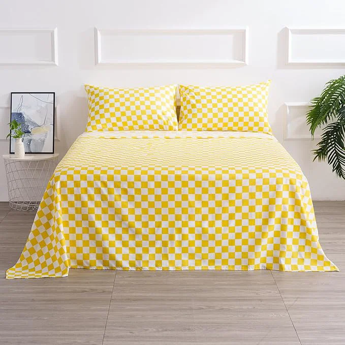 Official Season Queen Size Sheet Set 4 Piece -Microfiber Soft Durable Bedding Sheet Set Deep Pocket Stain Fade amp Wrinkle Resistant Plaid Yellow amp White Relaxed