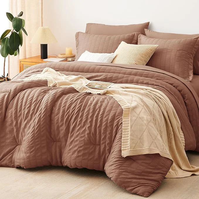 Genuine CozyLux King Size Comforter Set Mocha Mousse Seersucker 7 Pieces Bed in a Bag King Comforter Set with Sheets Luxury Soft Bedding Sets with Down Comforter Sheets Pillowcases amp Shams