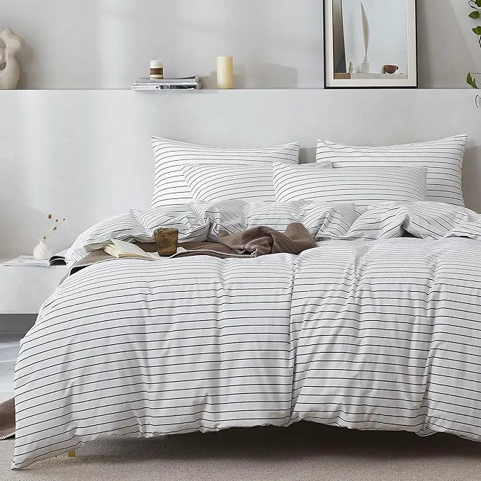 Classic JELLYMONI Natural Cotton 3pcs Striped Duvet Cover Sets White Duvet Cover with Thin Black Stripes Pattern Printed Comforter Cover with Zipper Closure amp Corner Ties Full Size First-Class
