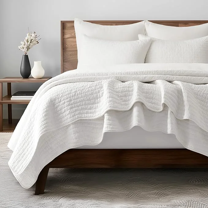 Clean EVERGRACEHOME Cross Stitch Pre-Washed Cotton Quilt Bedding Set Queen Size Oversized 3 Pieces Lightweight Bedspread Coverlet for All Season with 2 Matching Shams Bright White 92 quot x96 quot Responsible