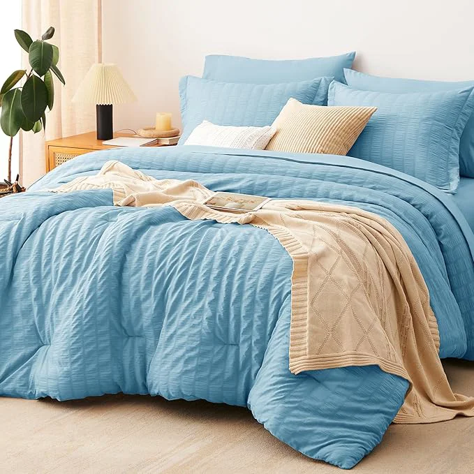 Easy-to-Use CozyLux King Size Comforter Set Sky Blue Seersucker 7 Pieces Bed in a Bag King Comforter Set with Sheets Luxury Soft Bedding Sets with Down Comforter Sheets Pillowcases amp Shams
