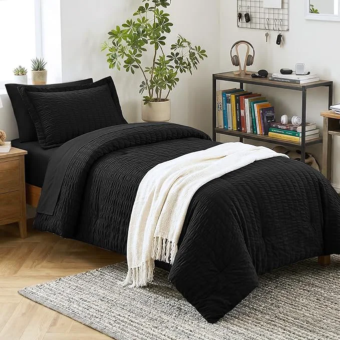 Trusted CozyLux Twin XL Comforter Set with Sheets Seersucker Black 5 Pieces Bed in a Bag Twin Extra Long Luxury Soft Bedding Sets for College Dorm with Down Comforter Sheets Pillowcase amp Sham Organic