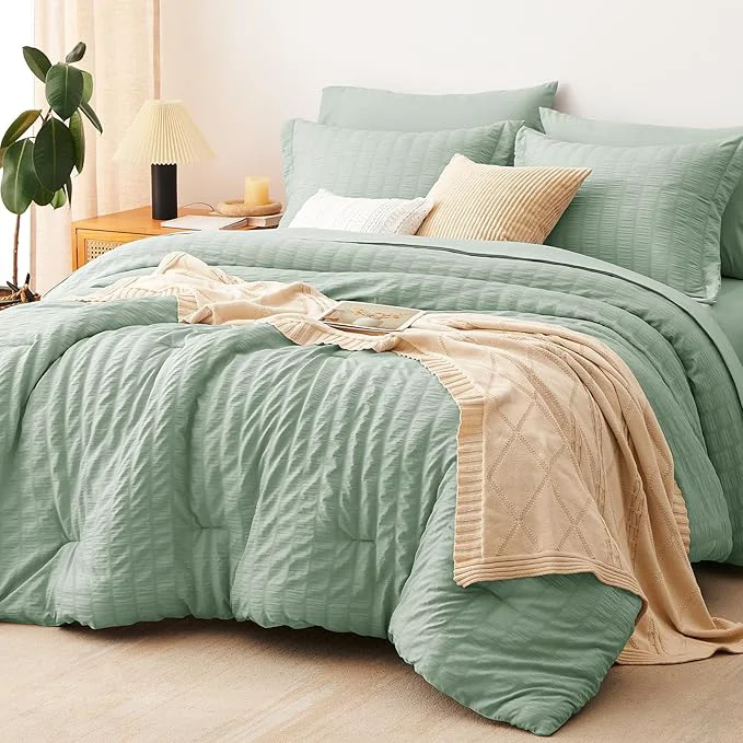 Advanced CozyLux Queen Comforter Set Sage Green Seersucker 7 Pieces Bed in a Bag Queen Comforter Set with Sheets Luxury Soft Bedding Set with Down Comforter Sheets Pillowcases amp Shams All Season Top-Quality