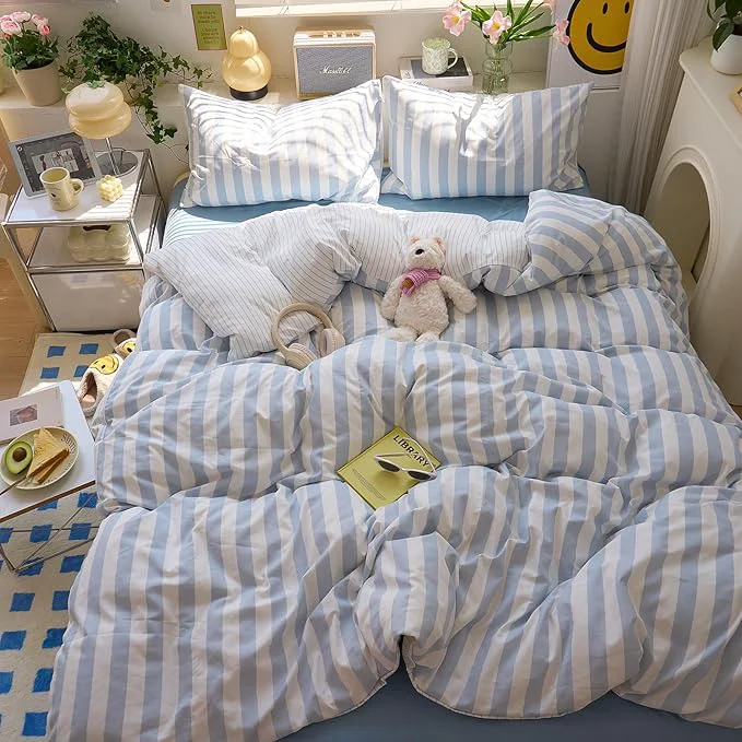High-Quality Blue Striped Duvet Cover Twin Boho Soft Comforter Cover Twin Size Reversible Farmhouse Cute College Duvet Cover Set with Hidden Zipper Dorm Bedding for Boys Washed Microfiber Duvet Protector Natural
