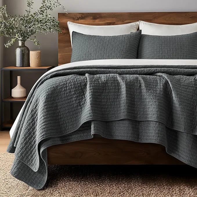 Fast EVERGRACE Cross Stitch Pre-Washed Cotton Quilt Bedding Set King Size Oversized 3 Pieces Lightweight Bedspread Coverlet for All Season with 2 Matching Shams Charcoal 108 quot x96 quot Smart