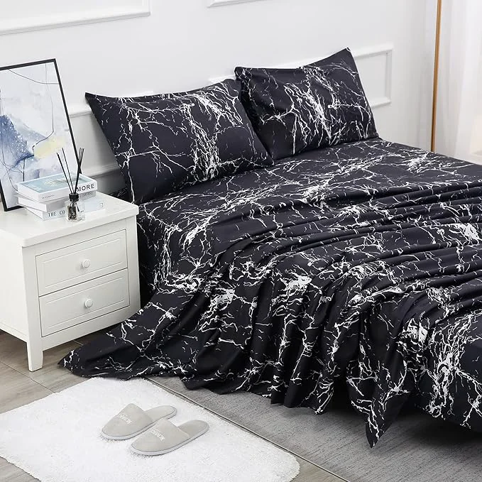 Season Bed Sheet Set 4 Pieces -Full Size-Soft Durable Microfiber Bedding Sheet Set Deep Pocket Stain Fade amp Wrinkle Resistant Black Marble Smooth