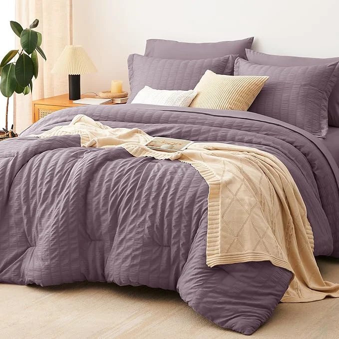 Original CozyLux Oversized Queen Comforter Set Dusty Purple Seersucker 7 Pieces 98×98 Bed in a Bag Comforter Set with Sheets Grayish Purple Bedding Set Down Comforter Sheets Pillowcases amp Shams Clean