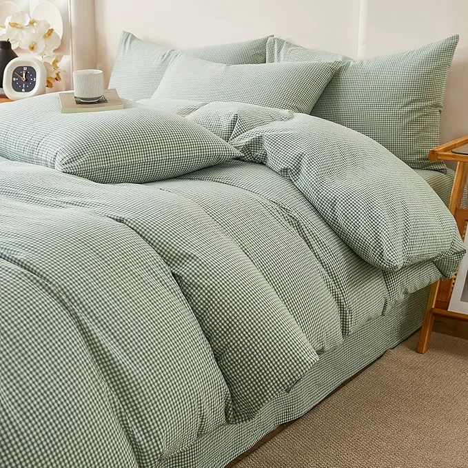 Sophisticated Sage Green Gingham Queen Duvet Cover Washed Cotton Plaid Queen Comforter Cover Boho Farmhouse Soft Breathable Duvet Cover Set with Zipper Checkered Patterned Bedding Set Cute Duvet Protector Optimized