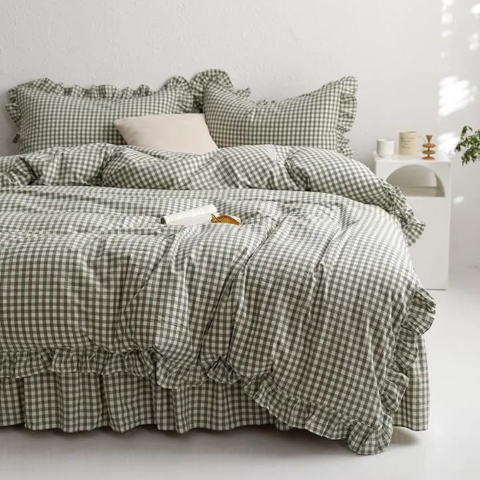 Effective mixinni Green Gingham Ruffle Duvet Cover Full Size 3 Pieces – Washed Cotton Vintage Plaid Ruffled Bedding Set with Zipper Ties Soft Checkered Grid Farmhouse Chic Comforter Cover Set Specialty
