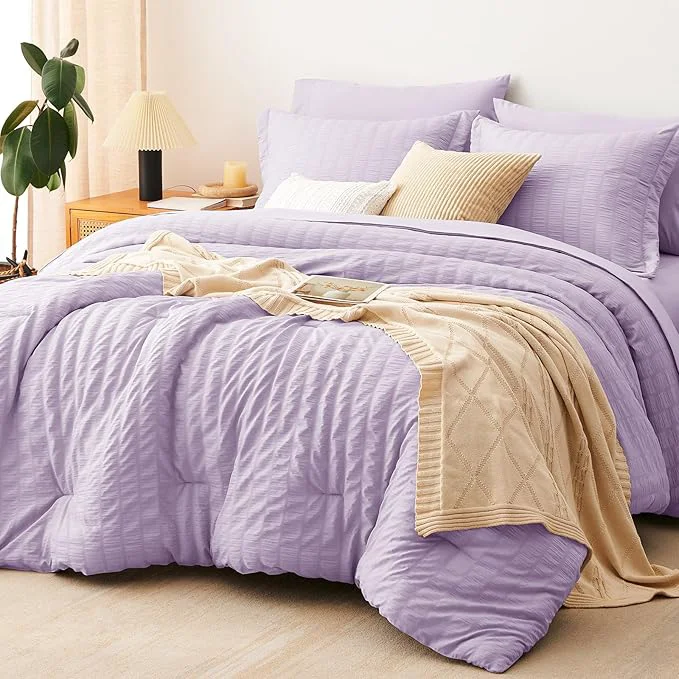 Refined CozyLux Queen Comforter Set Light Purple Seersucker 7 Pieces Bed in a Bag Queen Comforter Set with Sheets Lavender Luxury Bedding Sets with Down Comforter Sheets Pillowcases amp Shams Versatile