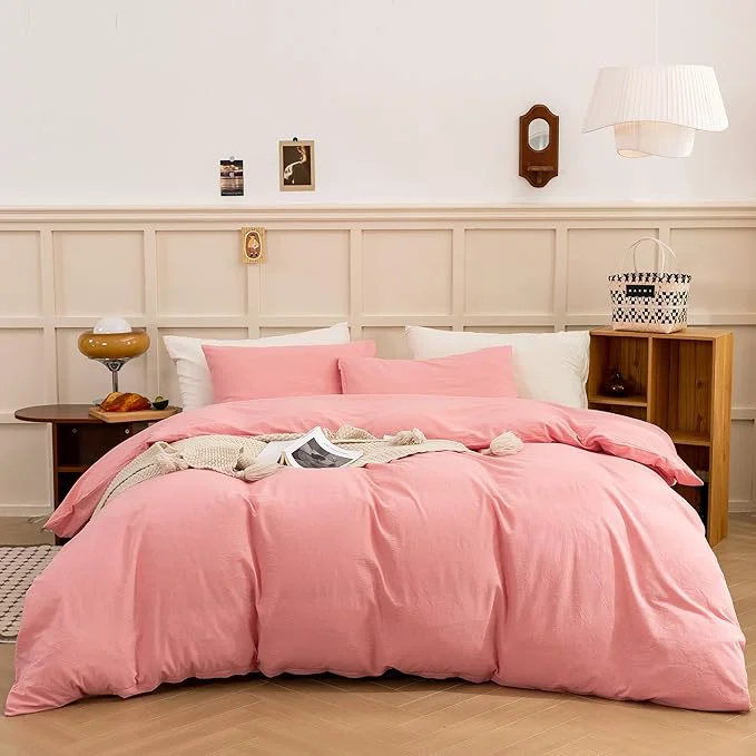Fine ECOCOTT Pink Duvet Cover Queen Size – Linen Feel Organic Natural Washed Cotton Soft Breathable 3 Pieces Bedding Set with Zipper Closure Professional