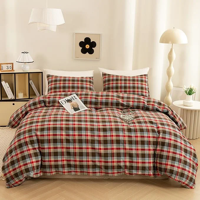 Contemporary ECOCOTT Buffalo Plaid Duvet Cover Queen Size– 3 Piece Washed Cotton Bedding Set with Classic Checkered Pattern Red amp Brown Duvet Cover with Pillowcases for All Seasons Artisan