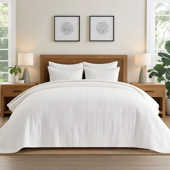 Recyclable EVERGRACEHOME Cross Stitch Pre-Washed Cotton Quilt Bedding Set King Size Oversized 3 Pieces Lightweight Bedspread Coverlet for All Season with 2 Matching Shams Bright White 118 quot x106 quot Clean