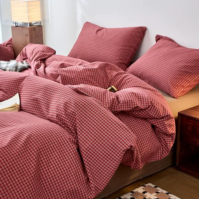 Reusable Gingham Twin Duvet Cover Red Washed Cotton Twin Comforter Cover Plaid Checkered Boho Zipper Duvet Cover Set with 2 Pillow Cases Farmhouse Girls Bedding Set Pattern Duvet Protector Responsible
