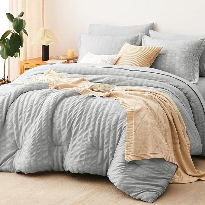 Breathable CozyLux Full Bed in a Bag Light Grey Seersucker Textured Comforter Set with Sheets 7-Pieces All Season Bedding Sets with Comforter Pillow Sham Flat Sheet Fitted Sheet and Pillowcase Specialty