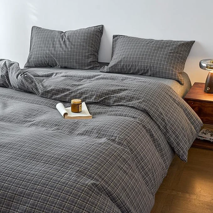 Excellent Plaid Full Size Duvet Cover Set Grey Washed Cotton Comforter Cover Full Size Patterned Soft Checkered Boho Duvet Cover Set with Hidden Zipper Vintage Cute Bedding Set Farmhouse Duvet Protector Genuine