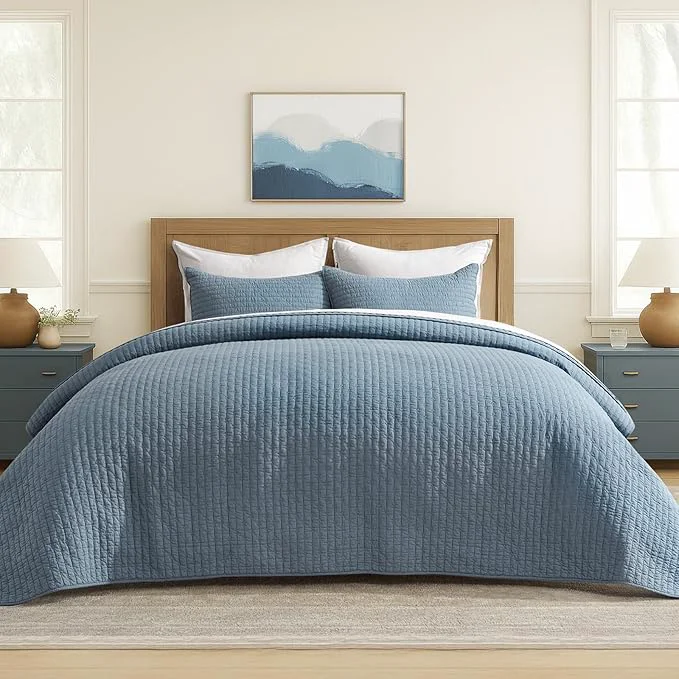Comfortable EVERGRACE x Kinsey Walsh Cross Stitch Pre-Washed Cotton Quilt Bedding Set King Size Oversized 3 Pieces Lightweight Bedspread Coverlet for All Season with 2 Matching Shams Dusty Blue 118 quot x106 quot Authentic