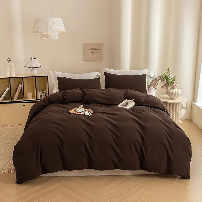 Fashionable ECOCOTT Duvet Cover Queen Size – Washed Cotton Linen Like Textured Breathable Durable Soft Comfy Bedding Set with Zipper Closure amp Corner Ties Cocoa Brown 90 quot x90 quot Optimized