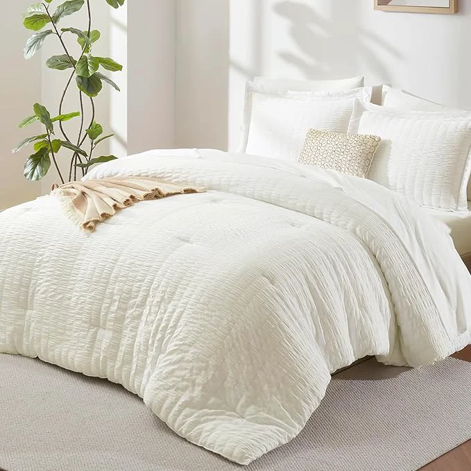 Original CozyLux King Size Comforter Set Ivory Seersucker 7 Pieces Bed in a Bag King Comforter Set with Sheets Luxury Soft Bedding Sets with Down Comforter Sheets Pillowcases amp Shams All Seasons High-Performance