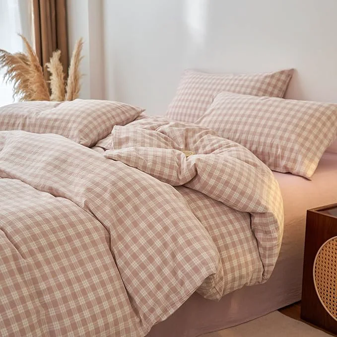 Classic Pink Gingham Queen Duvet Cover Washed Cotton Boho Comforters Queen Size Cover Checkered Plaid Lightweight Cute Duvet Cover Set with Hidden Zipper Cozy Teen Bedding Set for Girls Duvet Protector Easy-to-Use