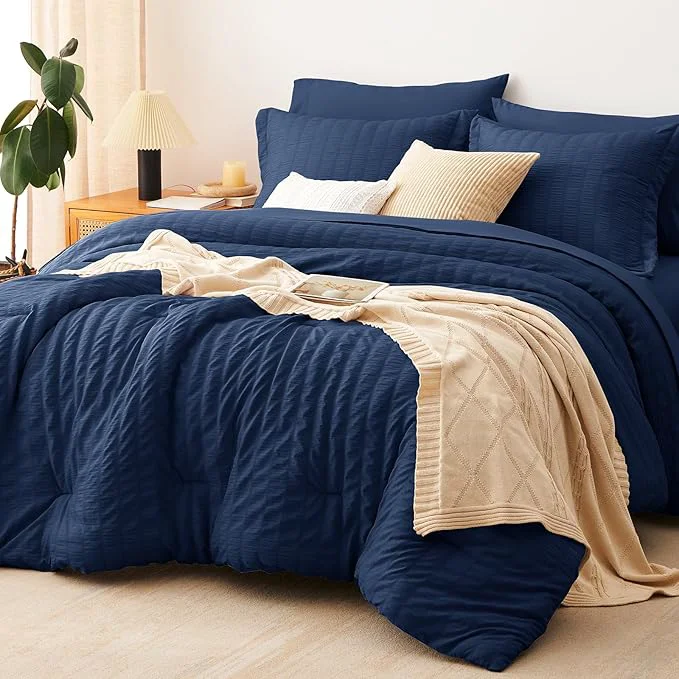 World-Class CozyLux Queen Comforter Set Navy Blue Seersucker 7 Pieces Bed in a Bag Queen Comforter Set with Sheets Luxury Bedding Sets with Down Comforter Sheets Pillowcases amp Shams for All Season Fashionable