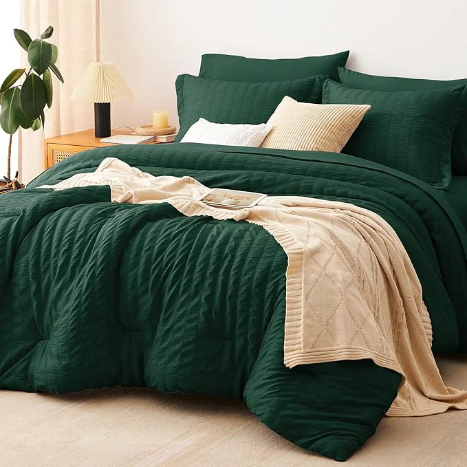 Premium CozyLux Queen Comforter Set Emerald Green Seersucker 7 Pieces Bed in a Bag Queen Comforter Set with Sheets Luxury Bedding Sets with Down Comforter Sheets Pillowcases amp Shams All Seasons Excellent
