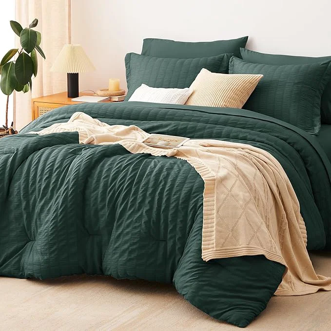 Organic CozyLux Queen Comforter Set Forest Green Seersucker 7 Pieces Bed in a Bag Queen Comforter Set with Sheets Luxury Bedding Sets with Down Comforter Sheets Pillowcases amp Shams All Season Genuine