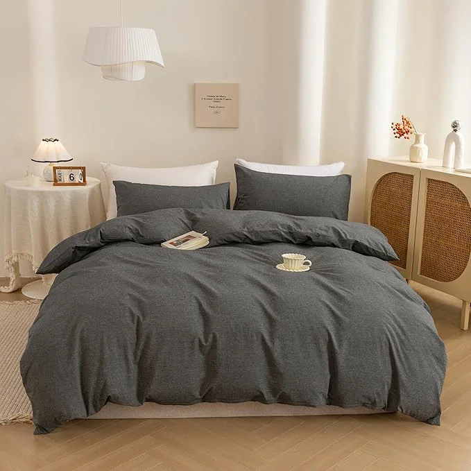 Functional ECOCOTT Washed Cotton Duvet Cover Super King Size – Soft amp Breathable Linen Feel Bedding Set 3 Pieces Grey Comforter Cover with Zipper Closure for All Seasons Clean