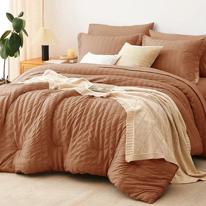 Original Design CozyLux Full Size Comforter Sets with Sheets 7 Pieces Pumpkin Seersucker Bed in a Bag Textured Luxury Soft Bedding Set with Down Comforter Sheets Pillowcases amp Shams for All Season Effective