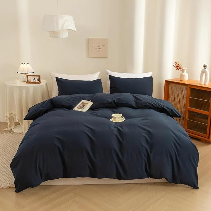 Trendy ECOCOTT Navy Blue Duvet Cover Super Queen Size – Washed Cotton Durable Soft Comfy Bedding Set 3 Pieces Duvet Cover with Zipper Closure Navy Blue 98 39 39 x90 39 39 Original