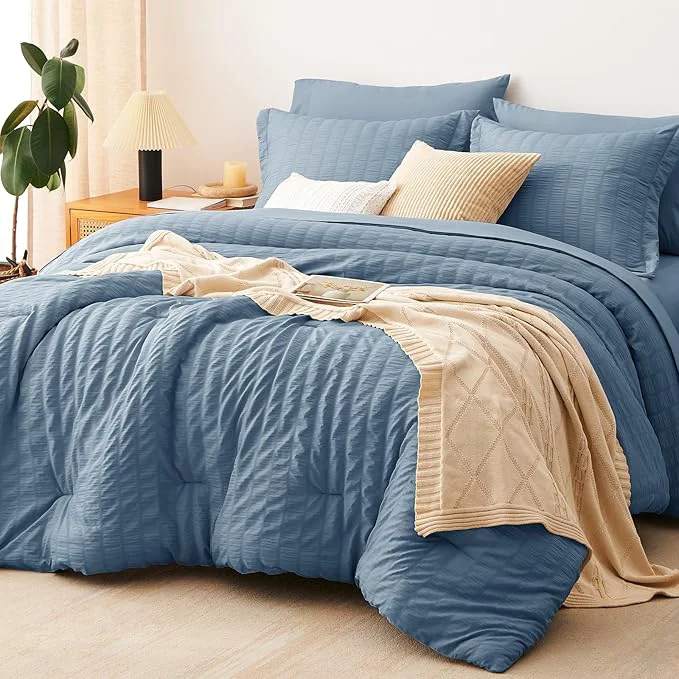 Expertly Made CozyLux Full Size Comforter Sets with Sheets 7 Pieces Grayish Blue Seersucker Bed in a Bag Textured Luxury Soft Dusty Blue Bedding Sets with Down Comforter Sheets Pillowcases amp Shams Enhanced