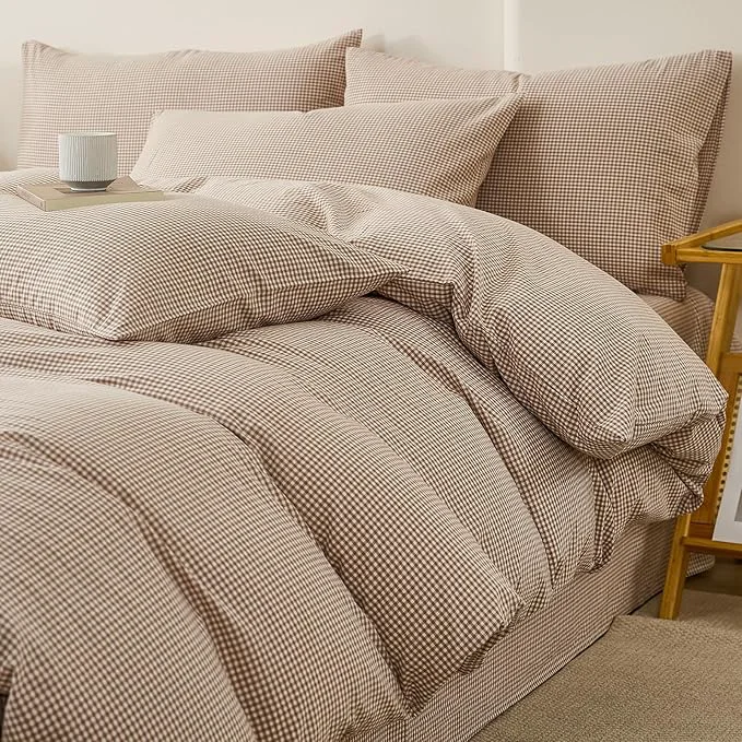 Contemporary Light Brown Gingham Duvet Cover Full Size Washed Cotton Plaid Comforter Cover Full Size Farmhouse Boho Cute Soft Duvet Cover Set with Ties Checkered Tan Bedding Set Breathable Duvet Protector Unique