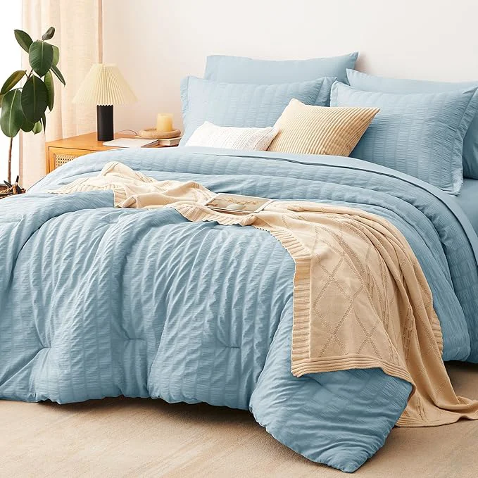 CozyLux Full Size Comforter Sets with Sheets 7 Pieces Light Blue Seersucker Bed in a Bag Textured Luxury Soft Bedding Set with Down Comforter Sheets Pillowcases amp Shams for All Seasons Genuine